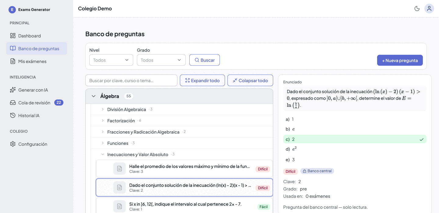 Banco de preguntas de GeneraExamen: árbol de Álgebra con 55 preguntas repartidas en sus temas, y al costado el detalle de la pregunta seleccionada con la fórmula ya compuesta y la clave marcada
